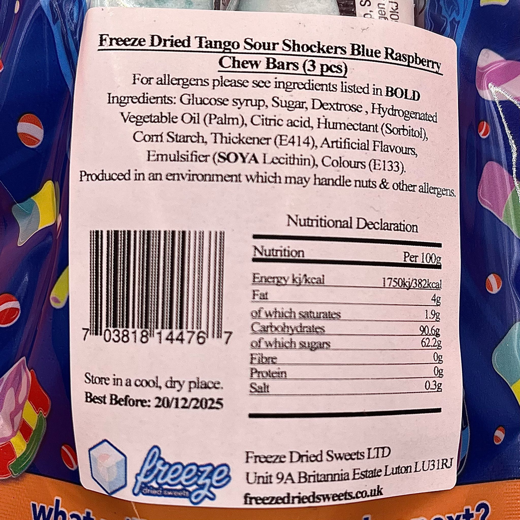 Tango Sour Shockers Blue Raspberry Chew Bars x3 - Freeze Dried Sweets - Image 3